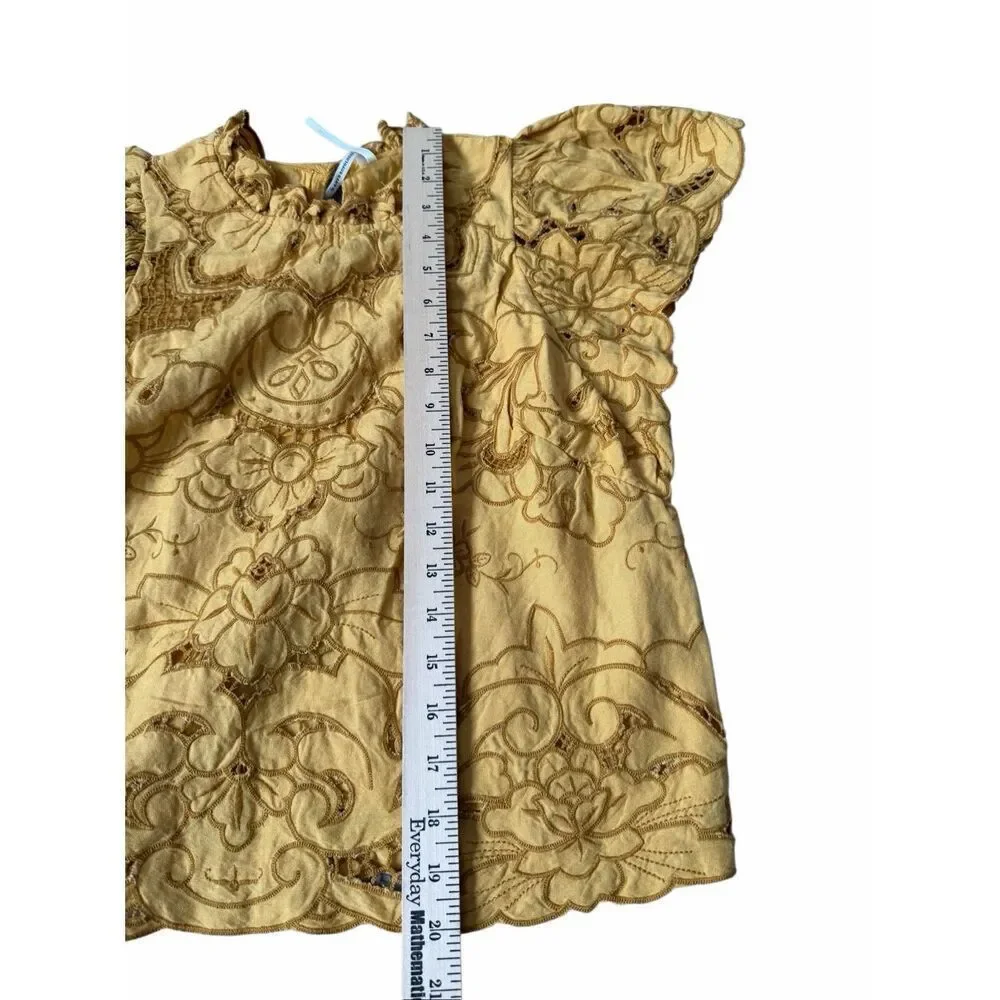 Anthropologie Lainie High Neck Cutwork Blouse Top Yellow XS Short Sleeve - Picture 6 of 8